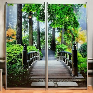 Двери-купе (хром) с фотопечатью (мост в лесу осенью)